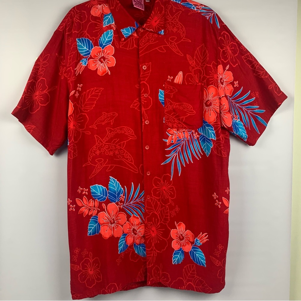 Cabali Men Hawaiian Shirt Red XXL Hibiscus Floral Cruise Tropical Short Sleeves